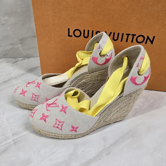 Louis Vuitton Pink and Yellow Espadrille Wedges - Picture 4 of 9